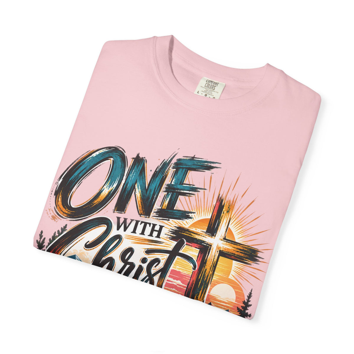 One With Christ Christian T-Shirt | Colorful Cross & Mountain Faith Tee | Pray & Bloom