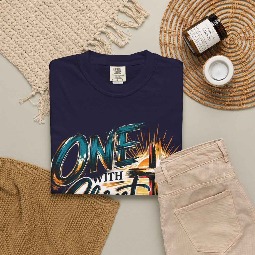 One With Christ Christian T-Shirt | Colorful Cross & Mountain Faith Tee | Pray & Bloom