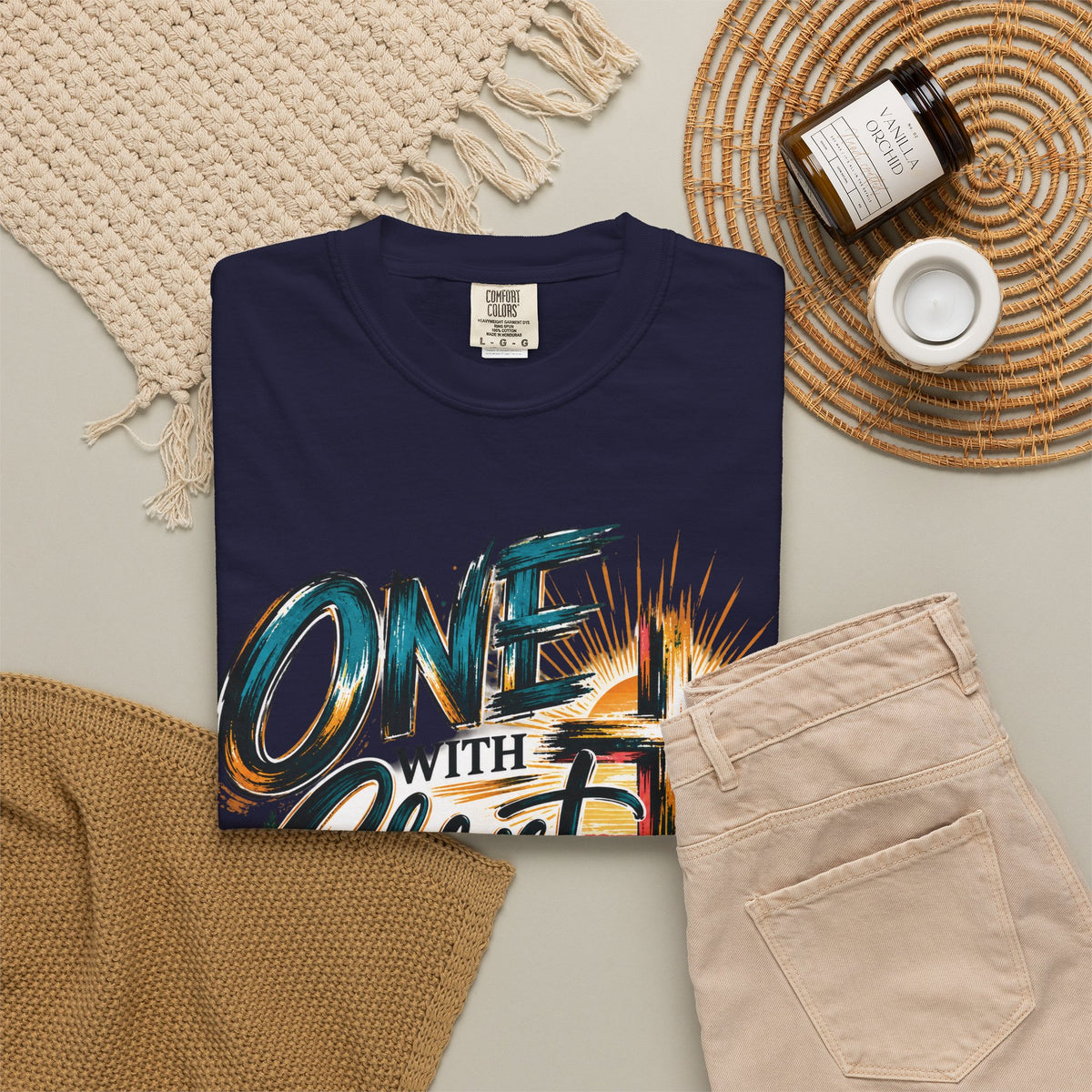 One With Christ Christian T-Shirt | Colorful Cross & Mountain Faith Tee | Pray & Bloom