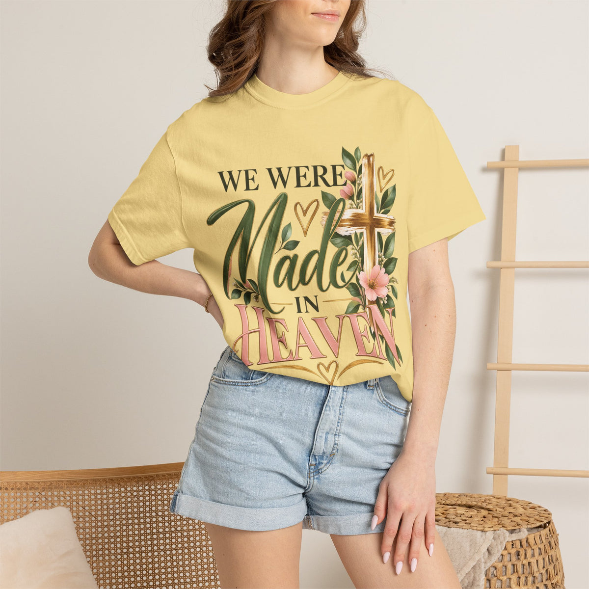 We Were Made in Heaven Christian T-Shirt | Faith-Based Cross & Floral Tee | Pray & Bloom
