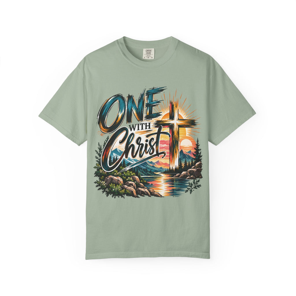 One With Christ Christian T-Shirt | Colorful Cross & Mountain Faith Tee | Pray & Bloom