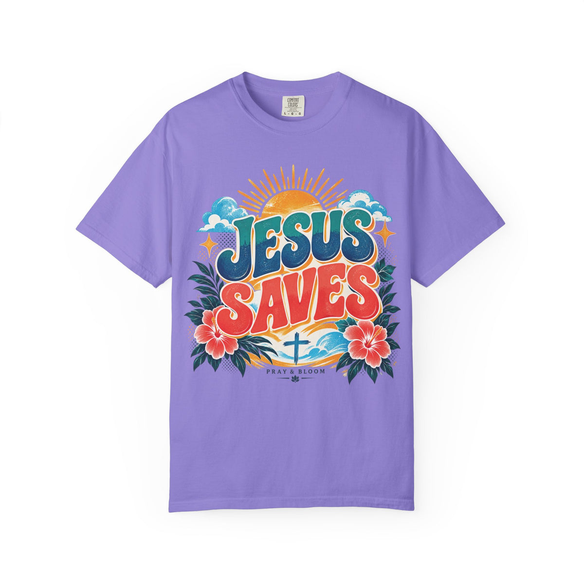 Jesus Saves Christian T-Shirt | Colorful Retro Faith Tee | Pray & Bloom
