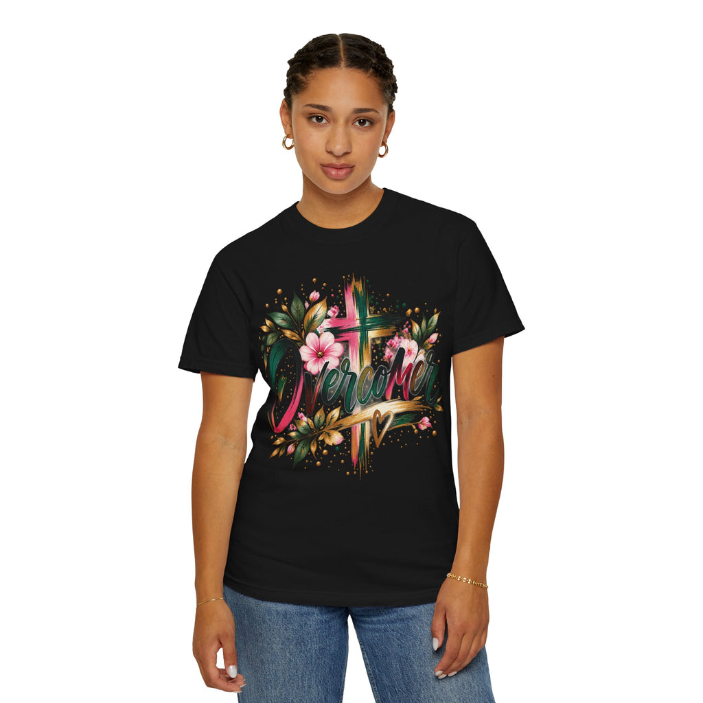 Overcomer Christian T-Shirt | Faith-Based Floral Cross Tee | Pray & Bloom