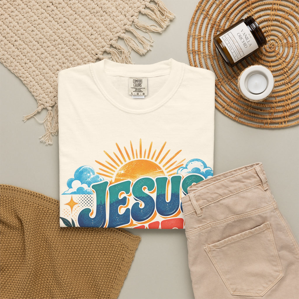 Jesus Saves Christian T-Shirt | Colorful Retro Faith Tee | Pray & Bloom