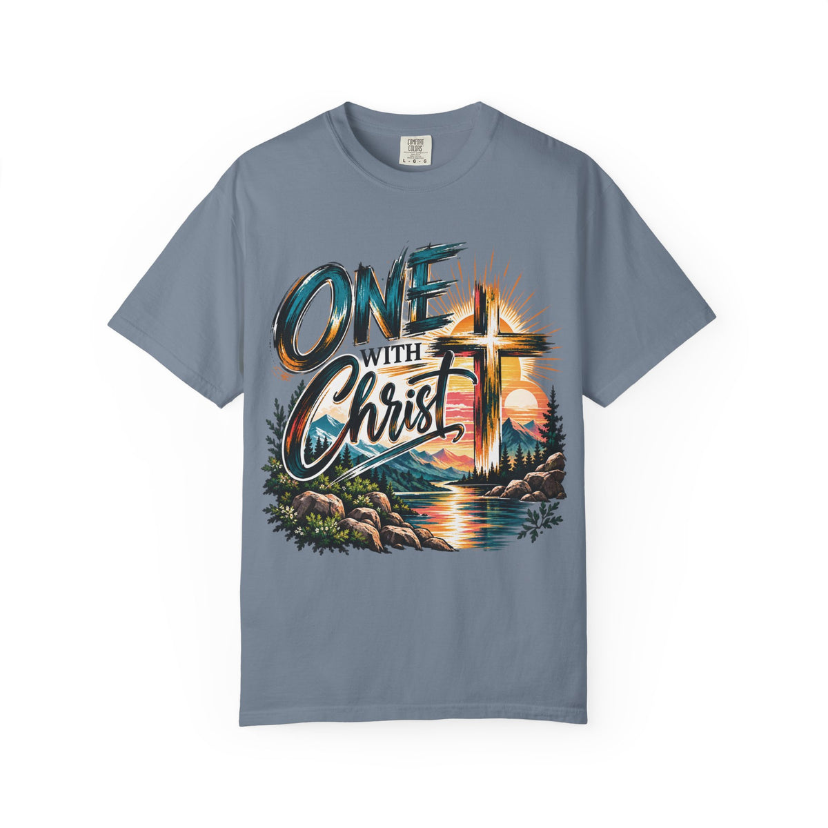 One With Christ Christian T-Shirt | Colorful Cross & Mountain Faith Tee | Pray & Bloom