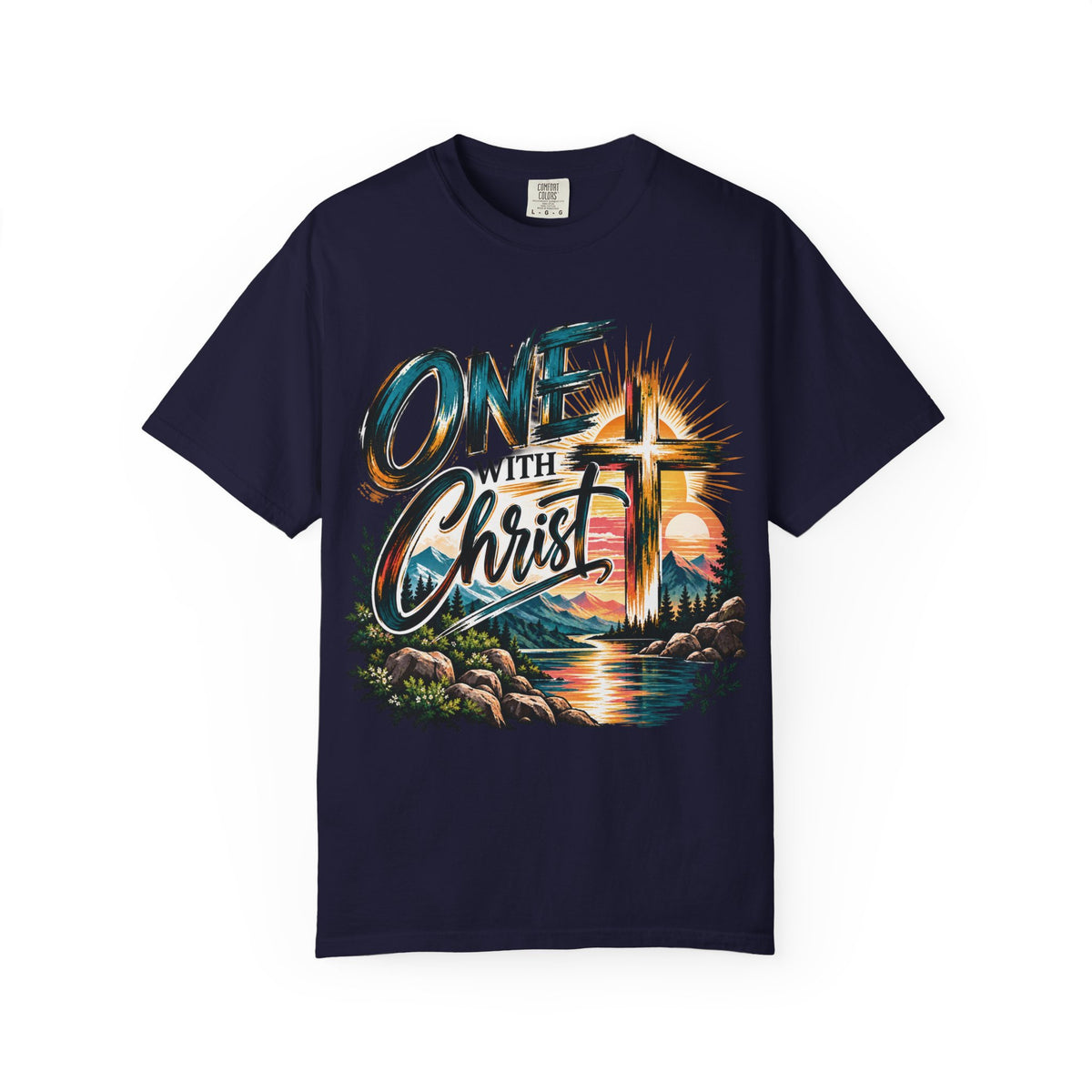 One With Christ Christian T-Shirt | Colorful Cross & Mountain Faith Tee | Pray & Bloom