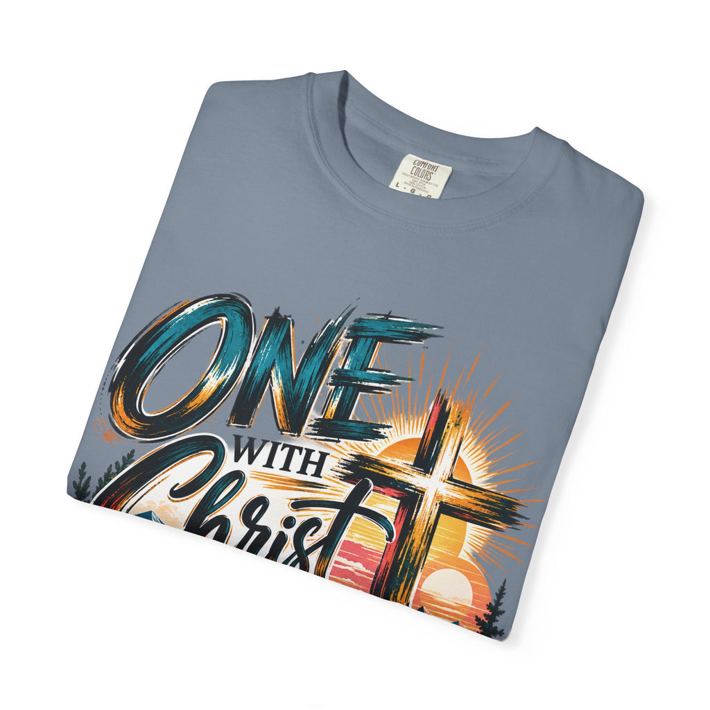 One With Christ Christian T-Shirt | Colorful Cross & Mountain Faith Tee | Pray & Bloom