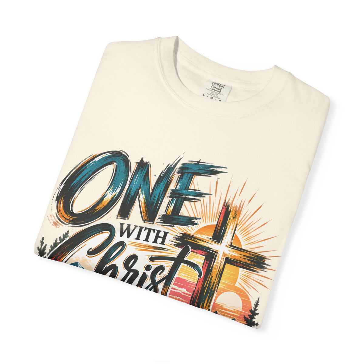 One With Christ Christian T-Shirt | Colorful Cross & Mountain Faith Tee | Pray & Bloom