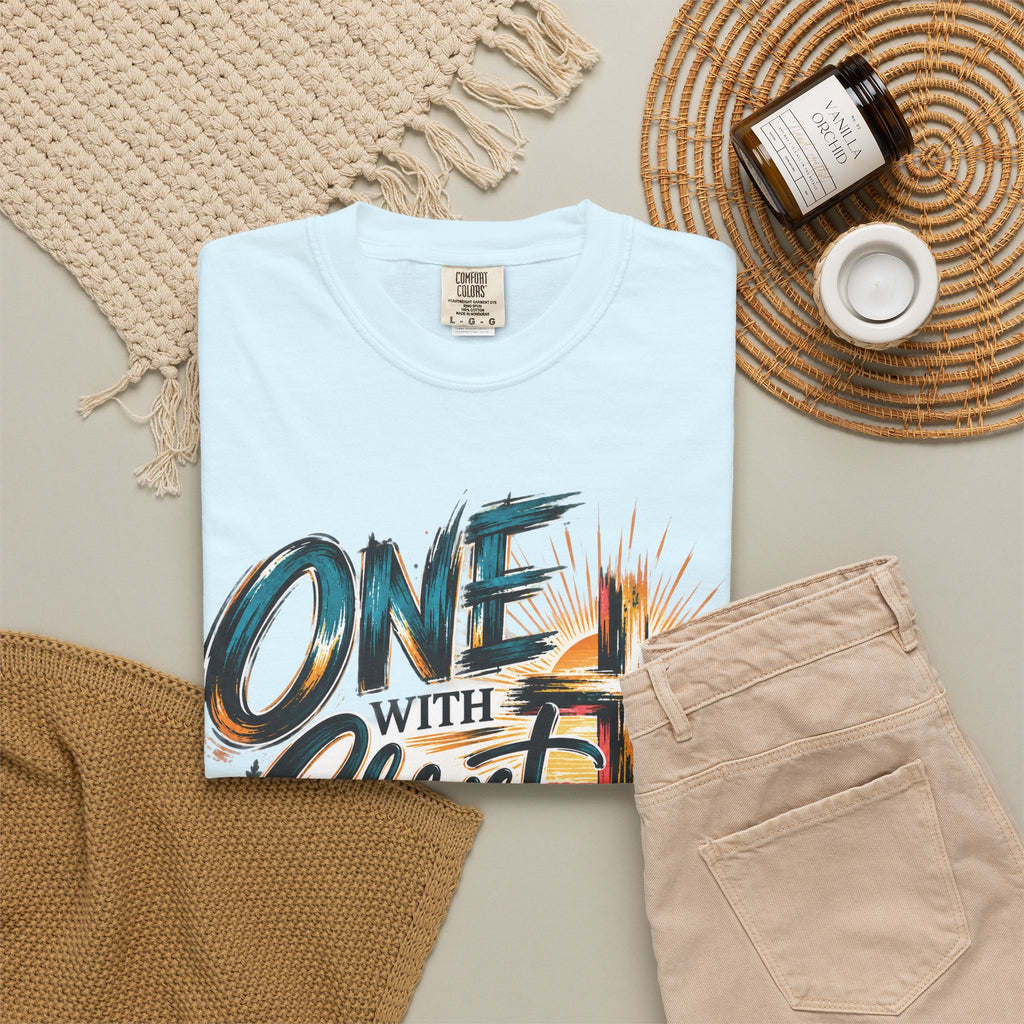 One With Christ Christian T-Shirt | Colorful Cross & Mountain Faith Tee | Pray & Bloom