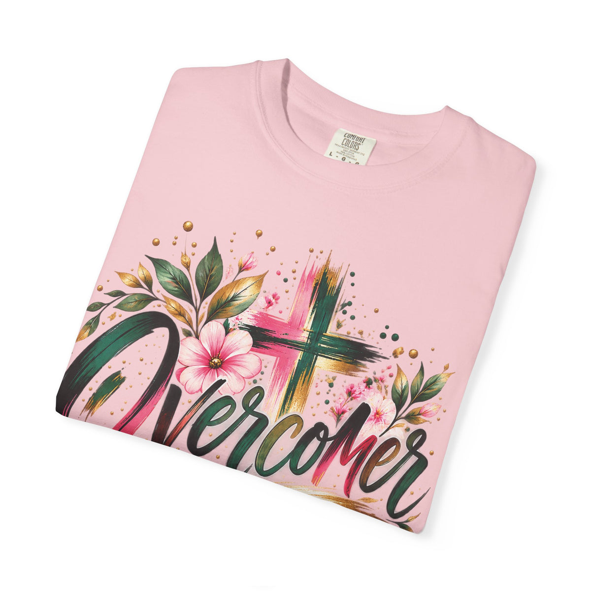 Overcomer Christian T-Shirt | Faith-Based Floral Cross Tee | Pray & Bloom