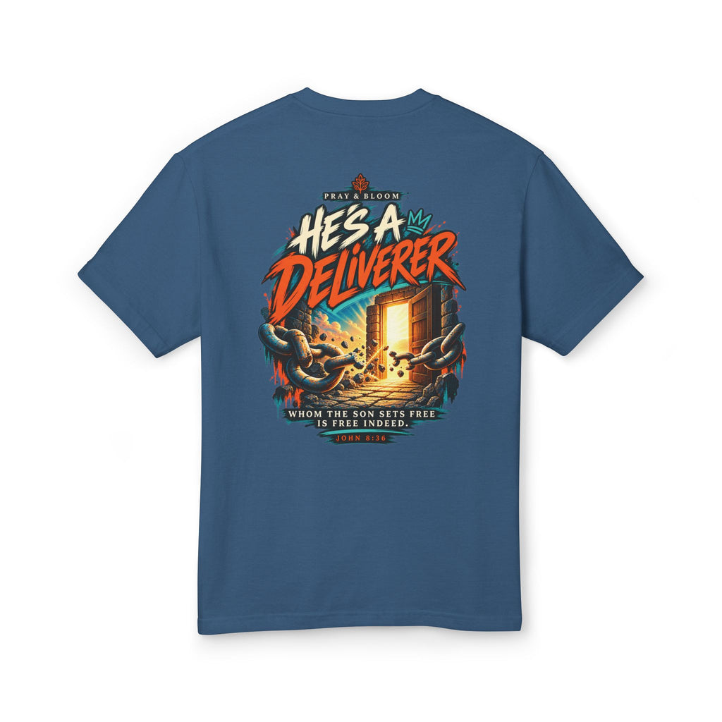 He’s a Deliverer Christian T-Shirt | John 8:36 Broken Chains Faith Tee | Pray & Bloom