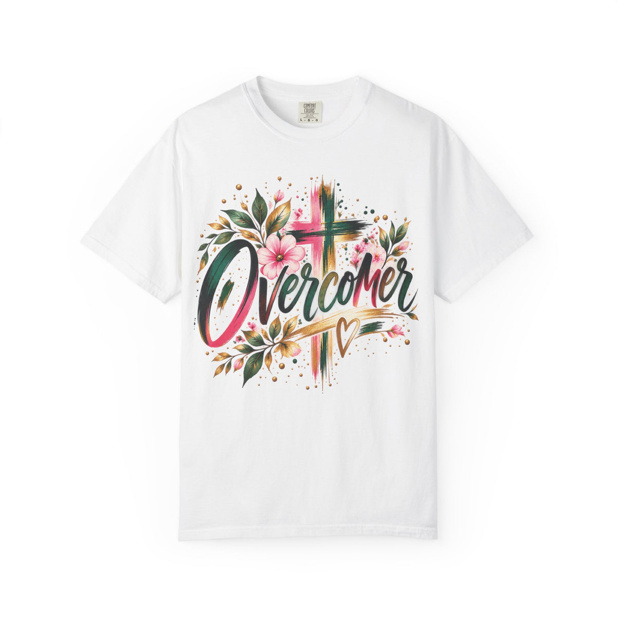 Overcomer Christian T-Shirt | Faith-Based Floral Cross Tee | Pray & Bloom