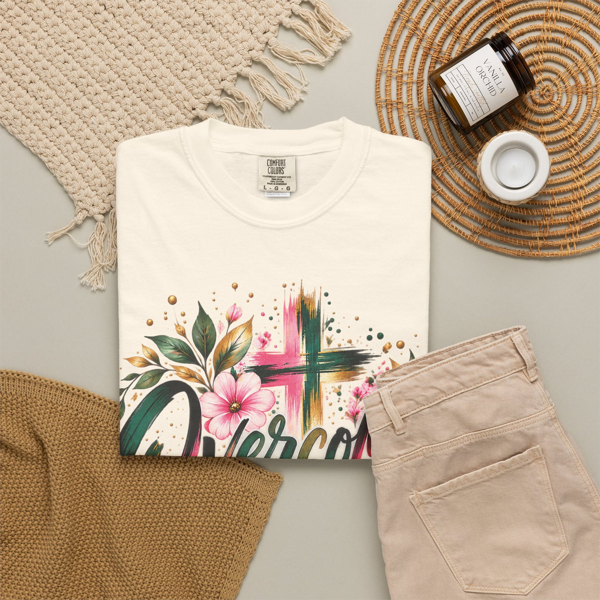 Overcomer Christian T-Shirt | Faith-Based Floral Cross Tee | Pray & Bloom