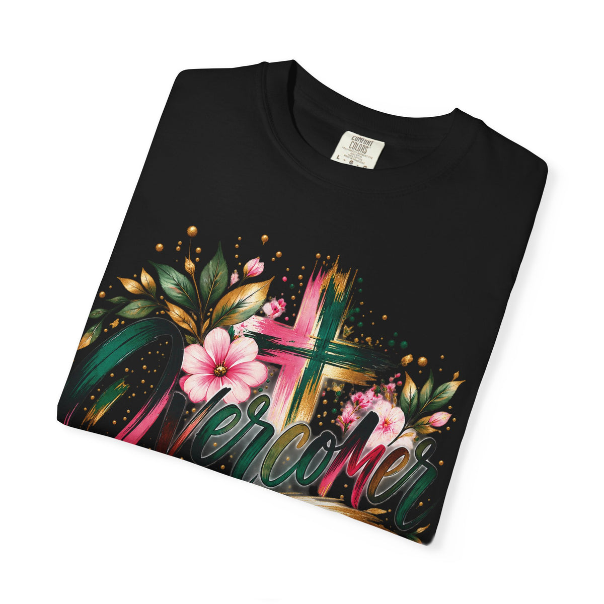 Overcomer Christian T-Shirt | Faith-Based Floral Cross Tee | Pray & Bloom