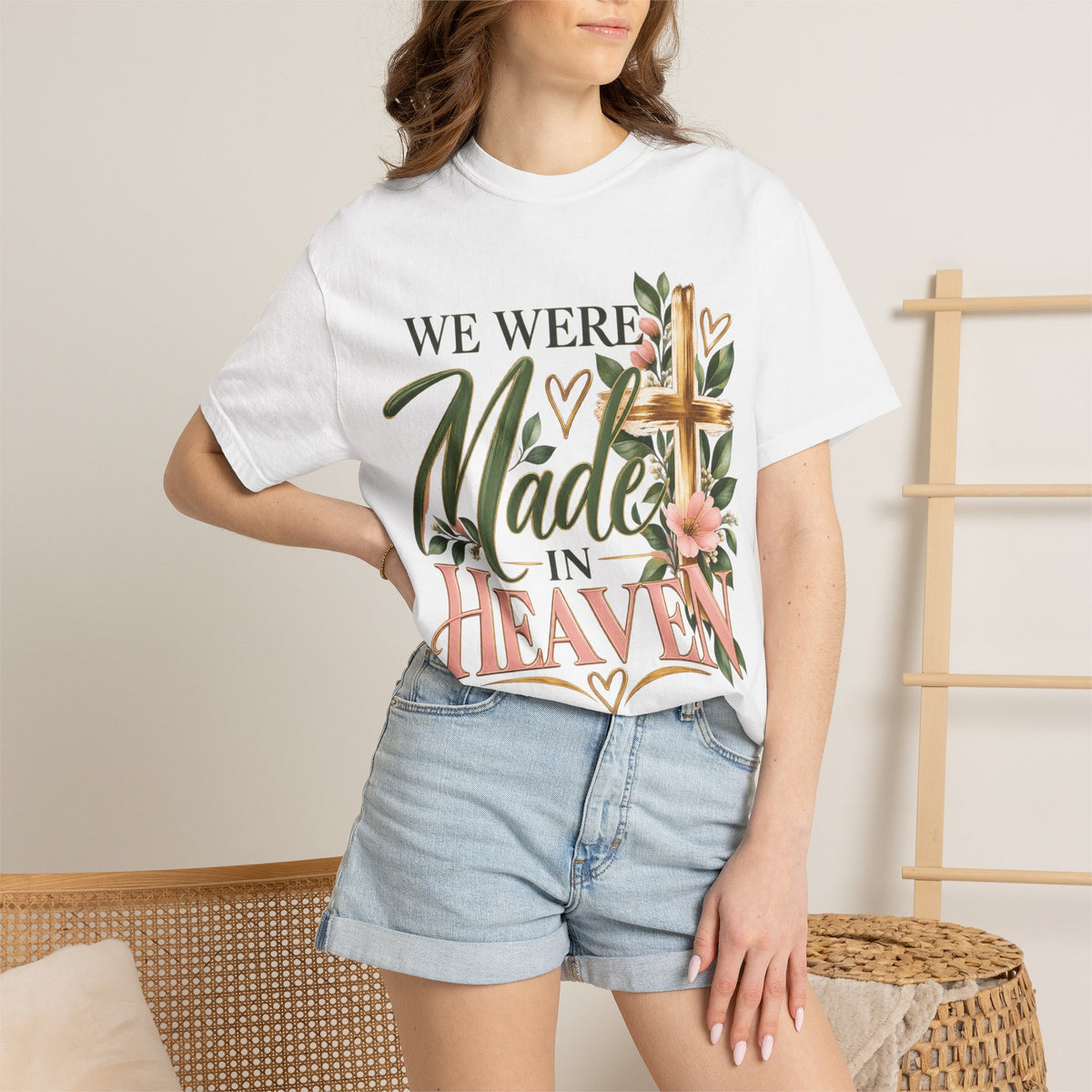 We Were Made in Heaven Christian T-Shirt | Faith-Based Cross & Floral Tee | Pray & Bloom