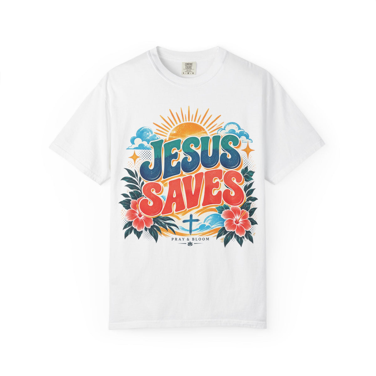 Jesus Saves Christian T-Shirt | Colorful Retro Faith Tee | Pray & Bloom