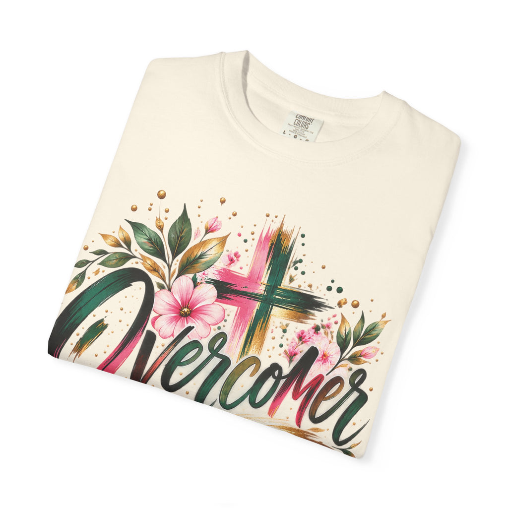 Overcomer Christian T-Shirt | Faith-Based Floral Cross Tee | Pray & Bloom