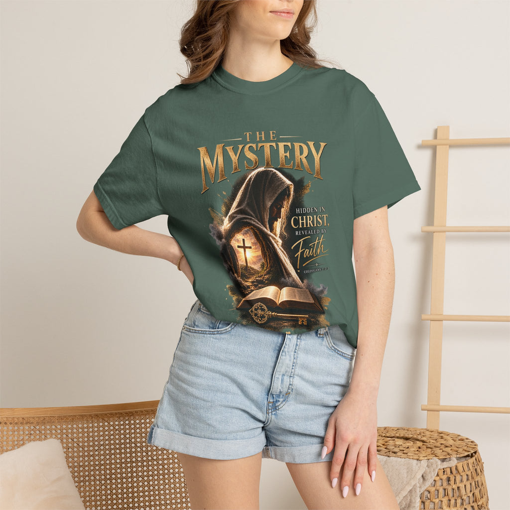 The Mystery - Hidden in Christ Revealed by Faith | Colossians 2:2-3 Christian T- Shirt | Pray & Bloom