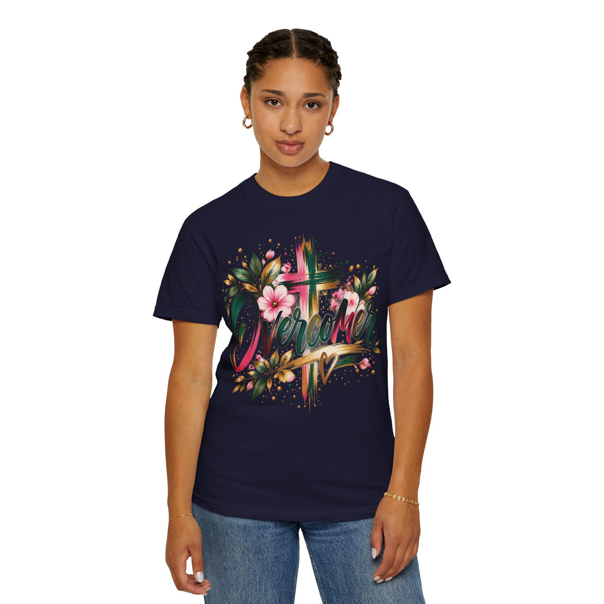 Overcomer Christian T-Shirt | Faith-Based Floral Cross Tee | Pray & Bloom