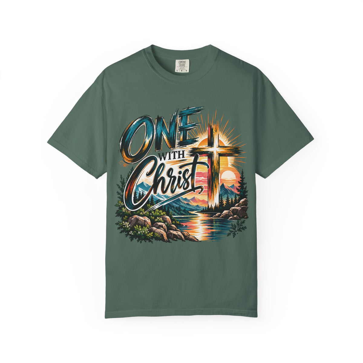 One With Christ Christian T-Shirt | Colorful Cross & Mountain Faith Tee | Pray & Bloom