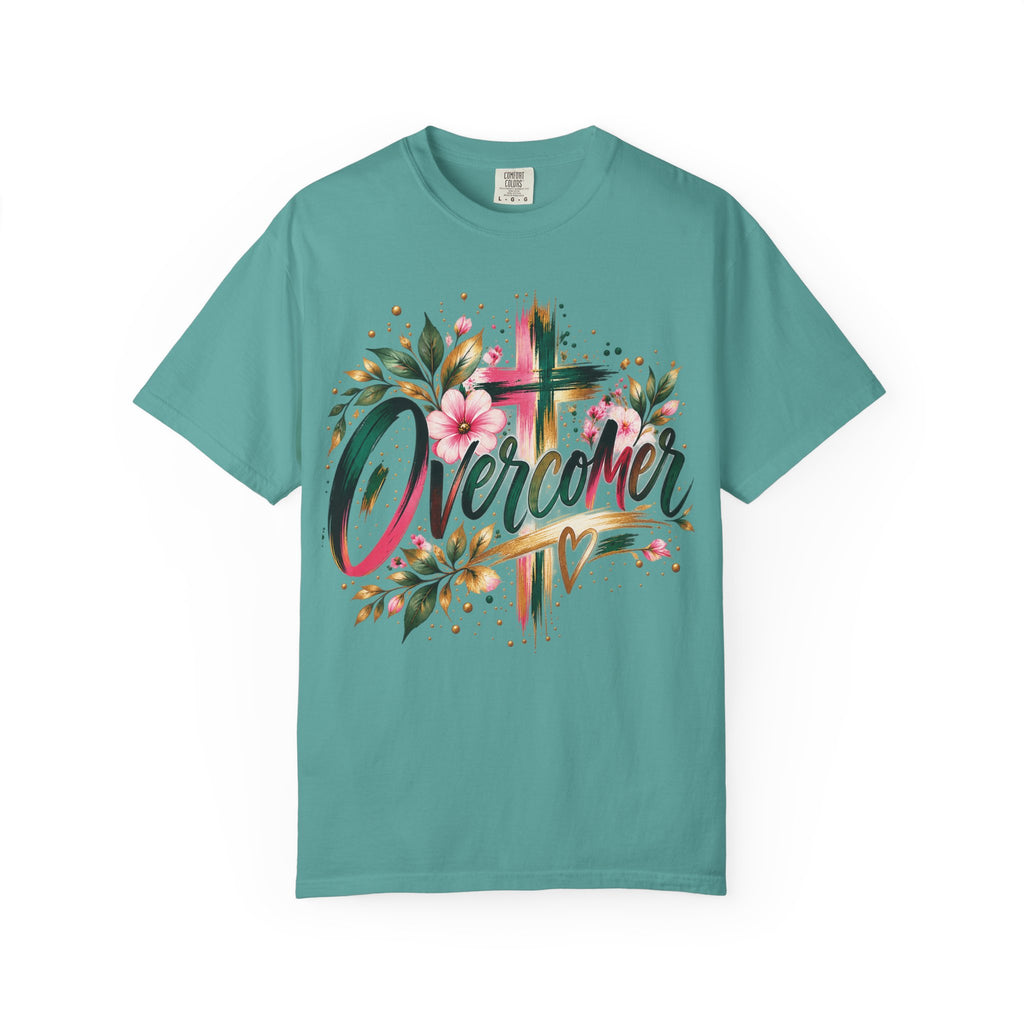 Overcomer Christian T-Shirt | Faith-Based Floral Cross Tee | Pray & Bloom