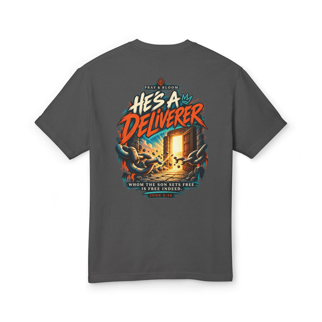 He’s a Deliverer Christian T-Shirt | John 8:36 Broken Chains Faith Tee | Pray & Bloom