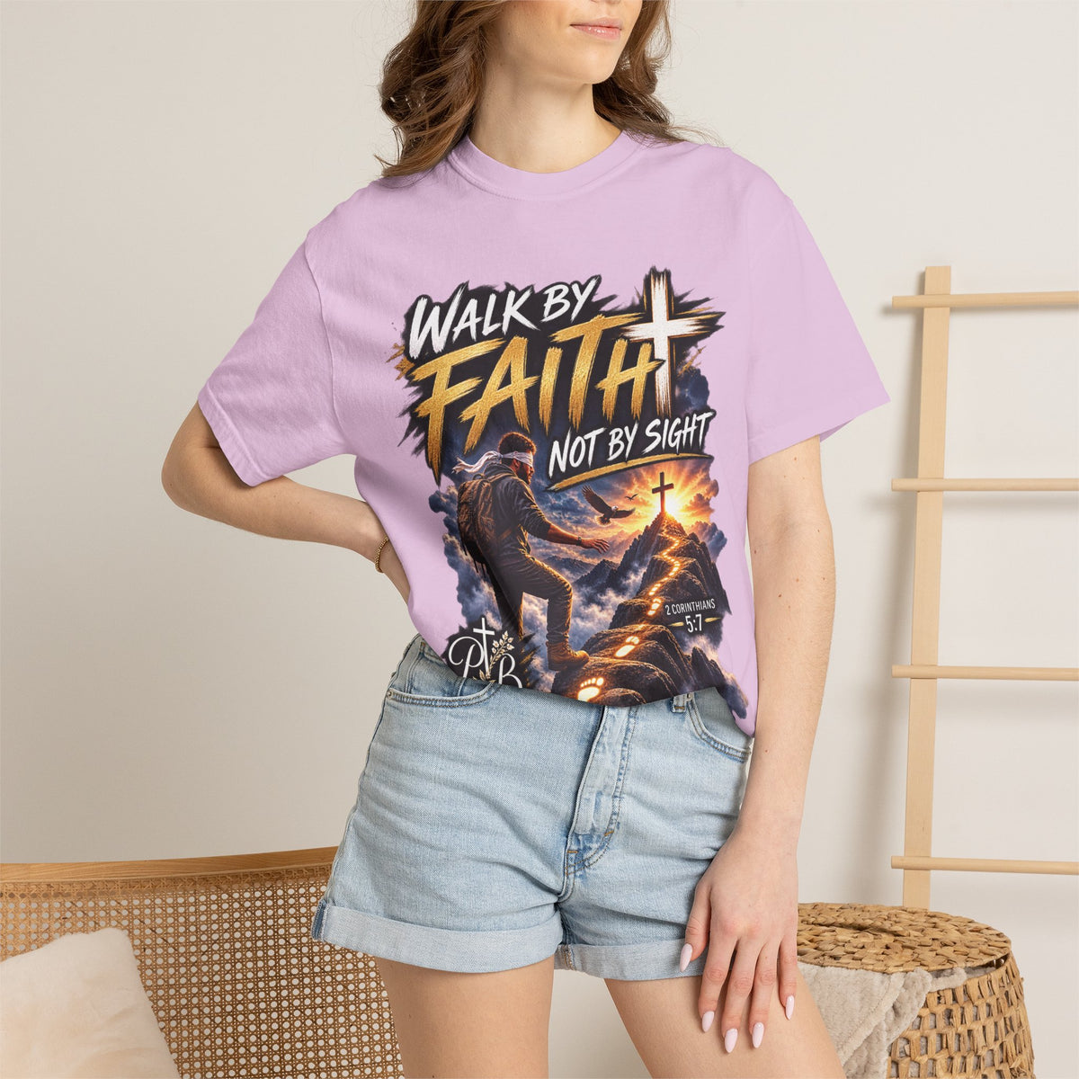 Walk by Faith Not by Sight Christian T-Shirt | 2 Corinthians 5:7 | Pray & Bloom