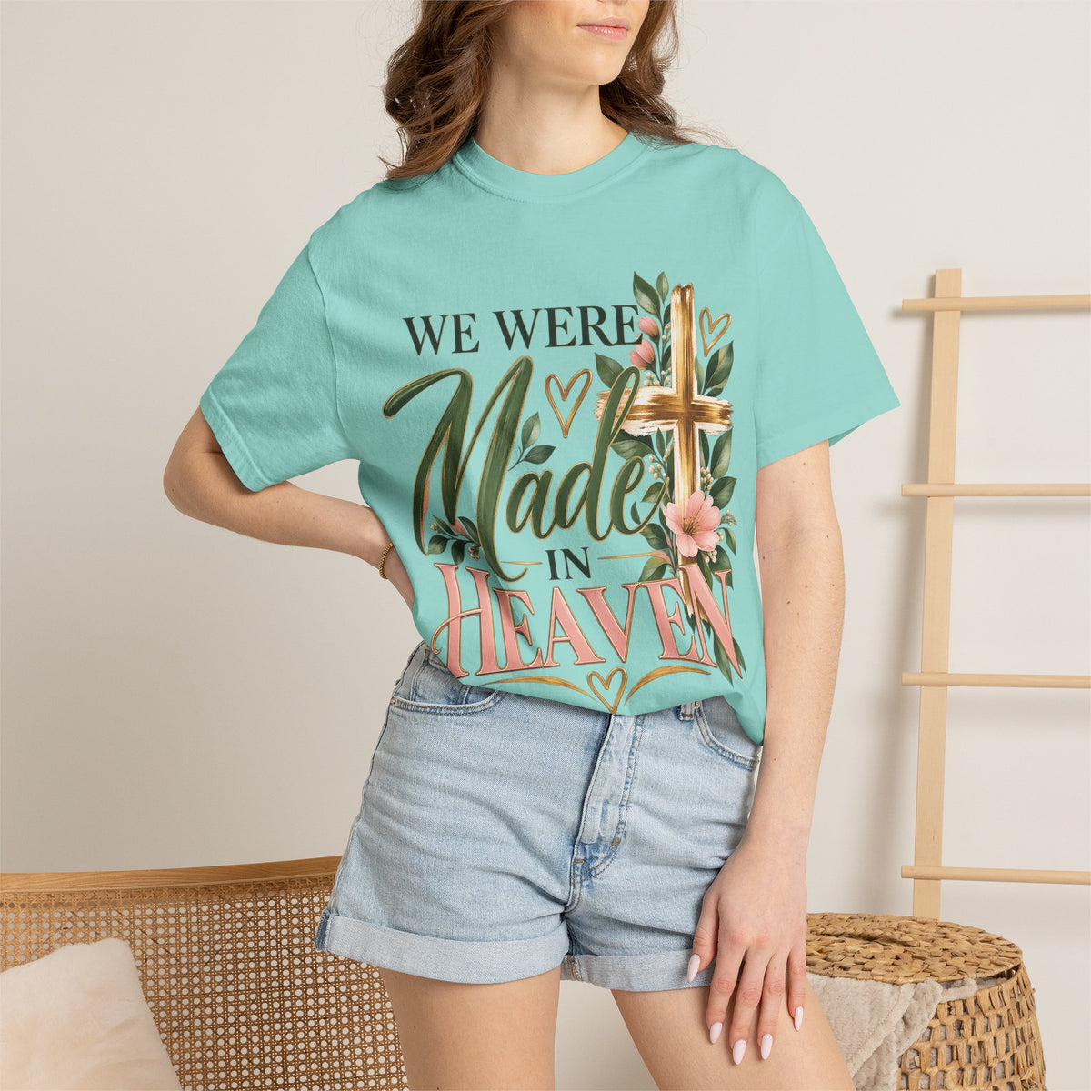 We Were Made in Heaven Christian T-Shirt | Faith-Based Cross & Floral Tee | Pray & Bloom