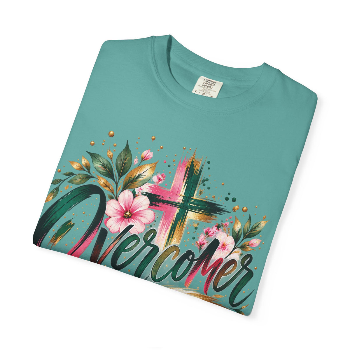 Overcomer Christian T-Shirt | Faith-Based Floral Cross Tee | Pray & Bloom