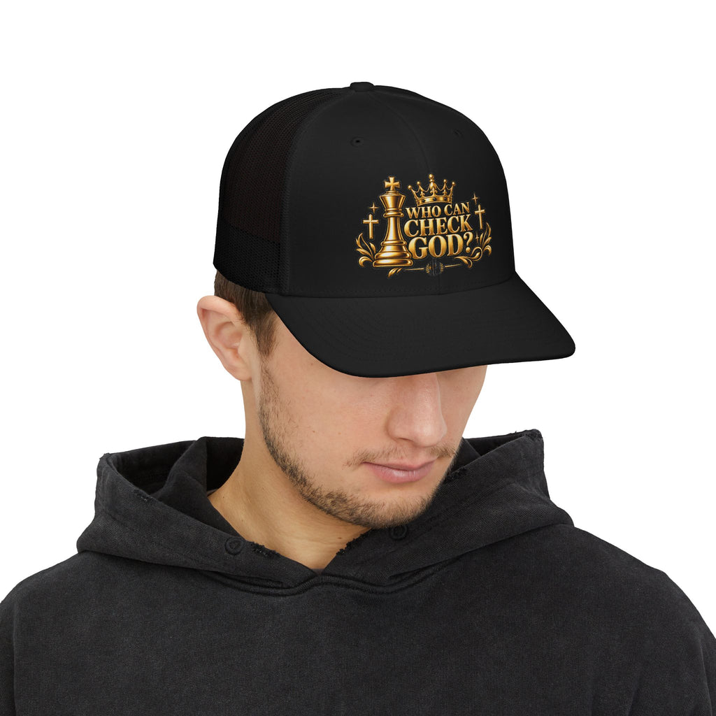 Who Can Check God? Faith Chess Trucker Cap | Pray & Bloom