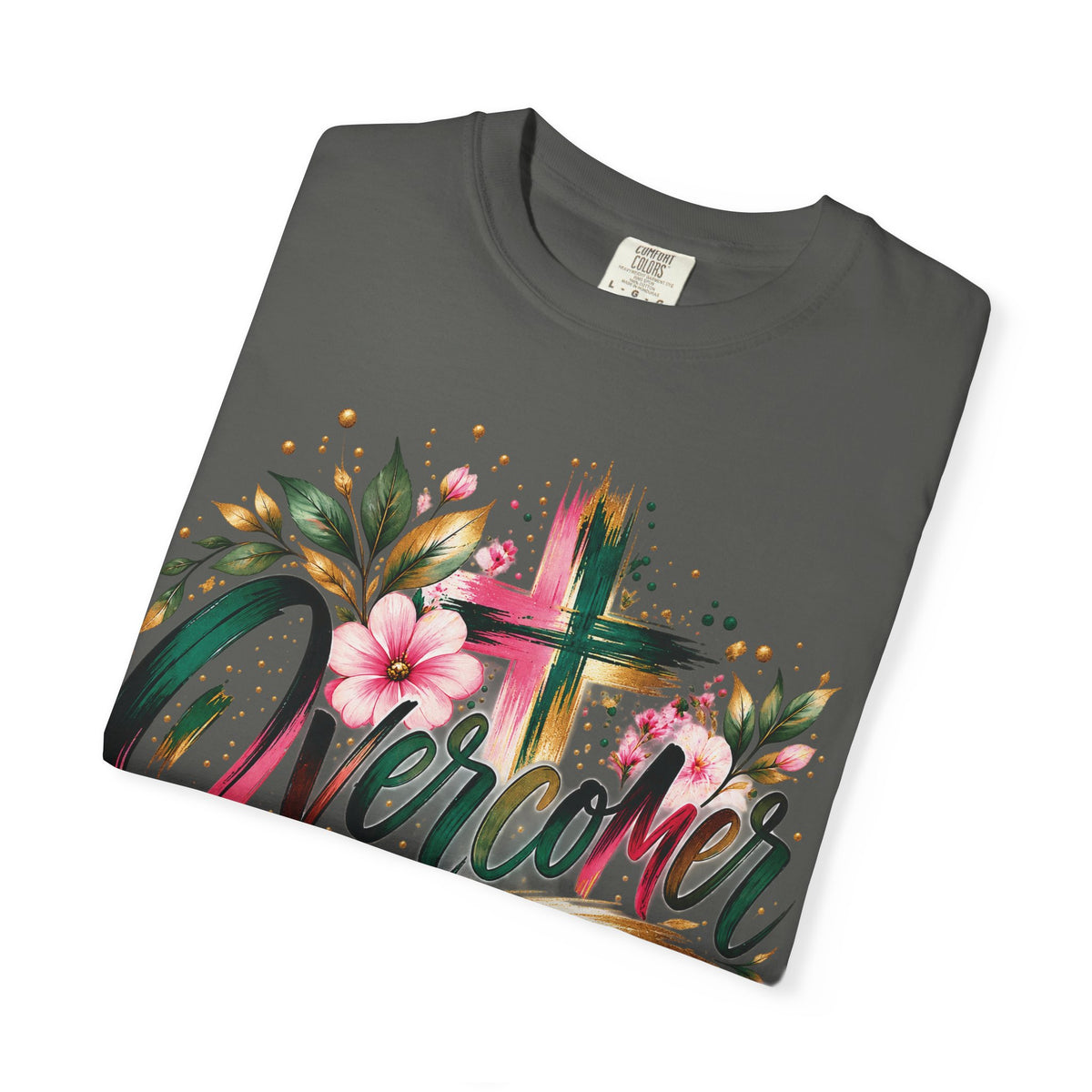 Overcomer Christian T-Shirt | Faith-Based Floral Cross Tee | Pray & Bloom