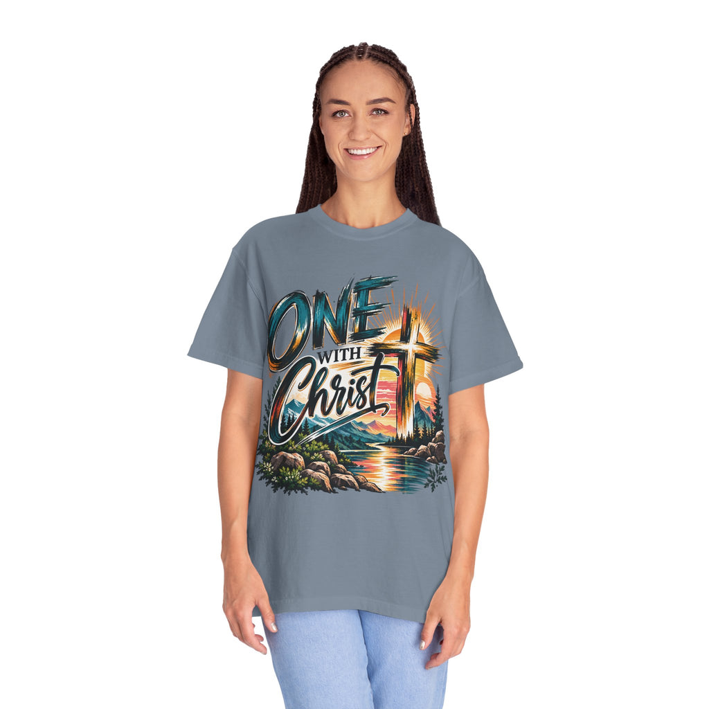 One With Christ Christian T-Shirt | Colorful Cross & Mountain Faith Tee | Pray & Bloom