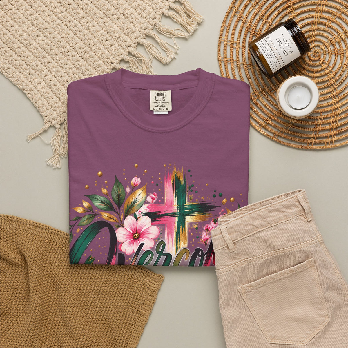 Overcomer Christian T-Shirt | Faith-Based Floral Cross Tee | Pray & Bloom