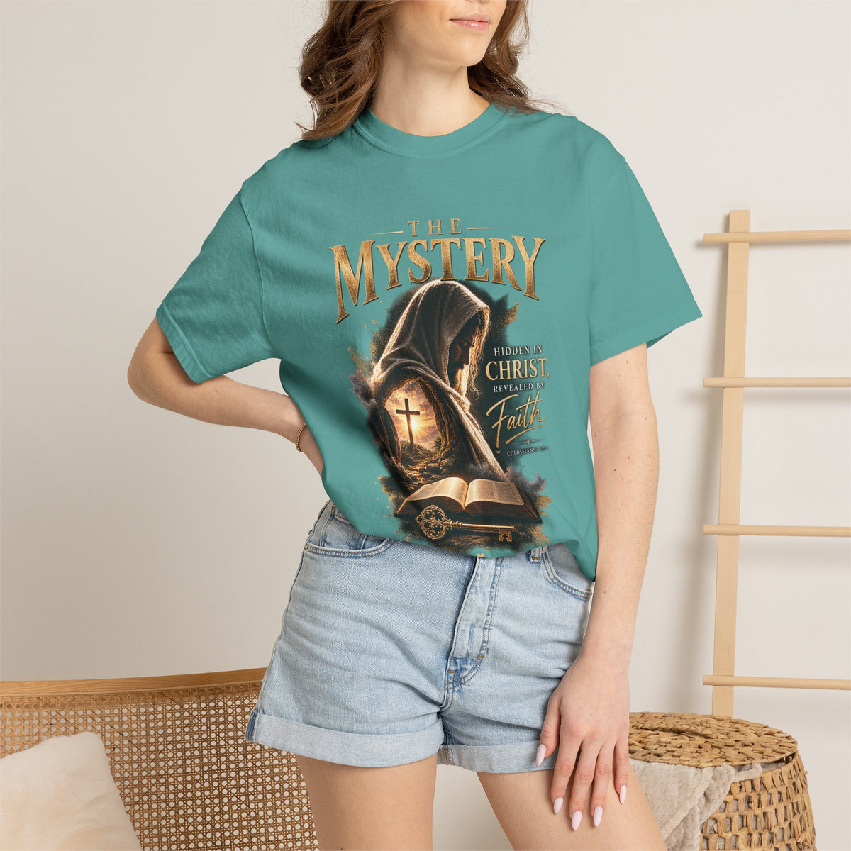 The Mystery - Hidden in Christ Revealed by Faith | Colossians 2:2-3 Christian T- Shirt | Pray & Bloom