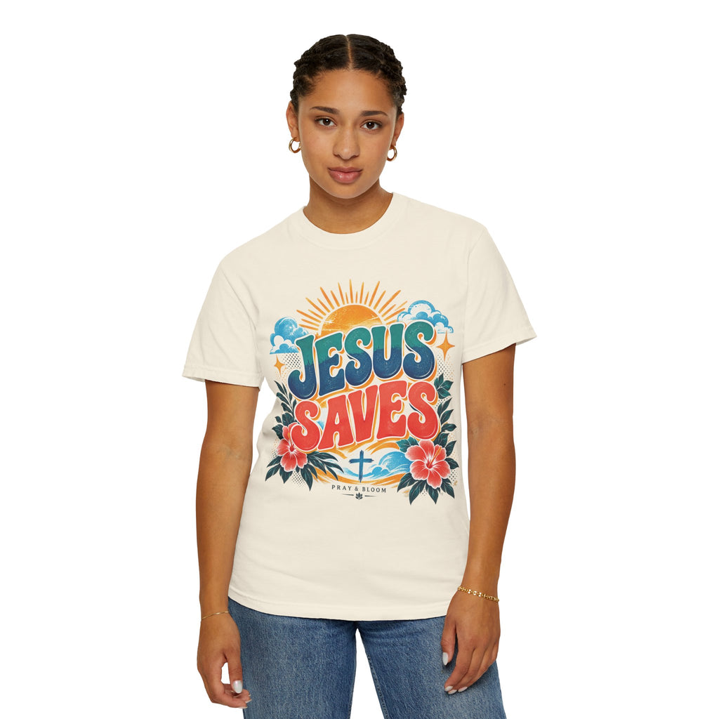 Jesus Saves Christian T-Shirt | Colorful Retro Faith Tee | Pray & Bloom