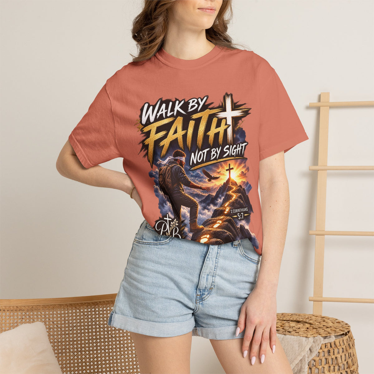 Walk by Faith Not by Sight Christian T-Shirt | 2 Corinthians 5:7 | Pray & Bloom