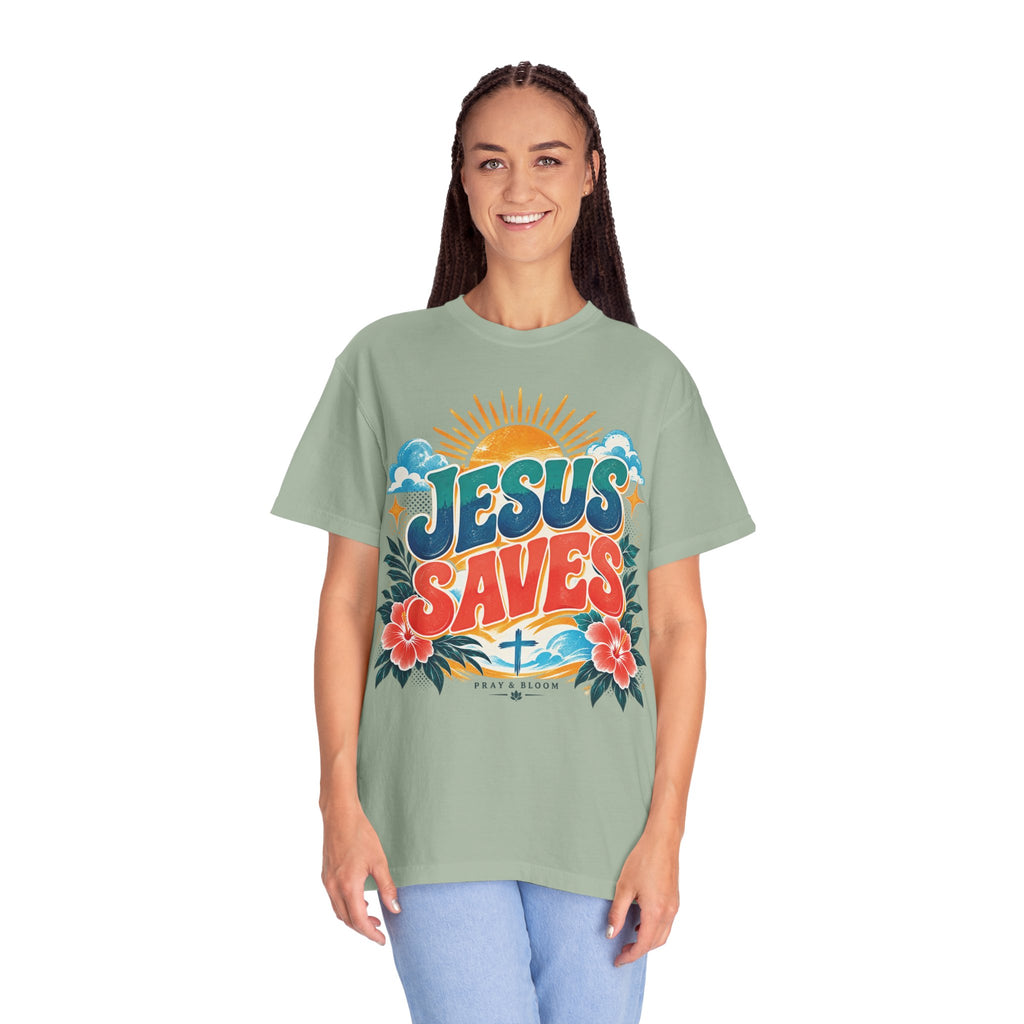 Jesus Saves Christian T-Shirt | Colorful Retro Faith Tee | Pray & Bloom