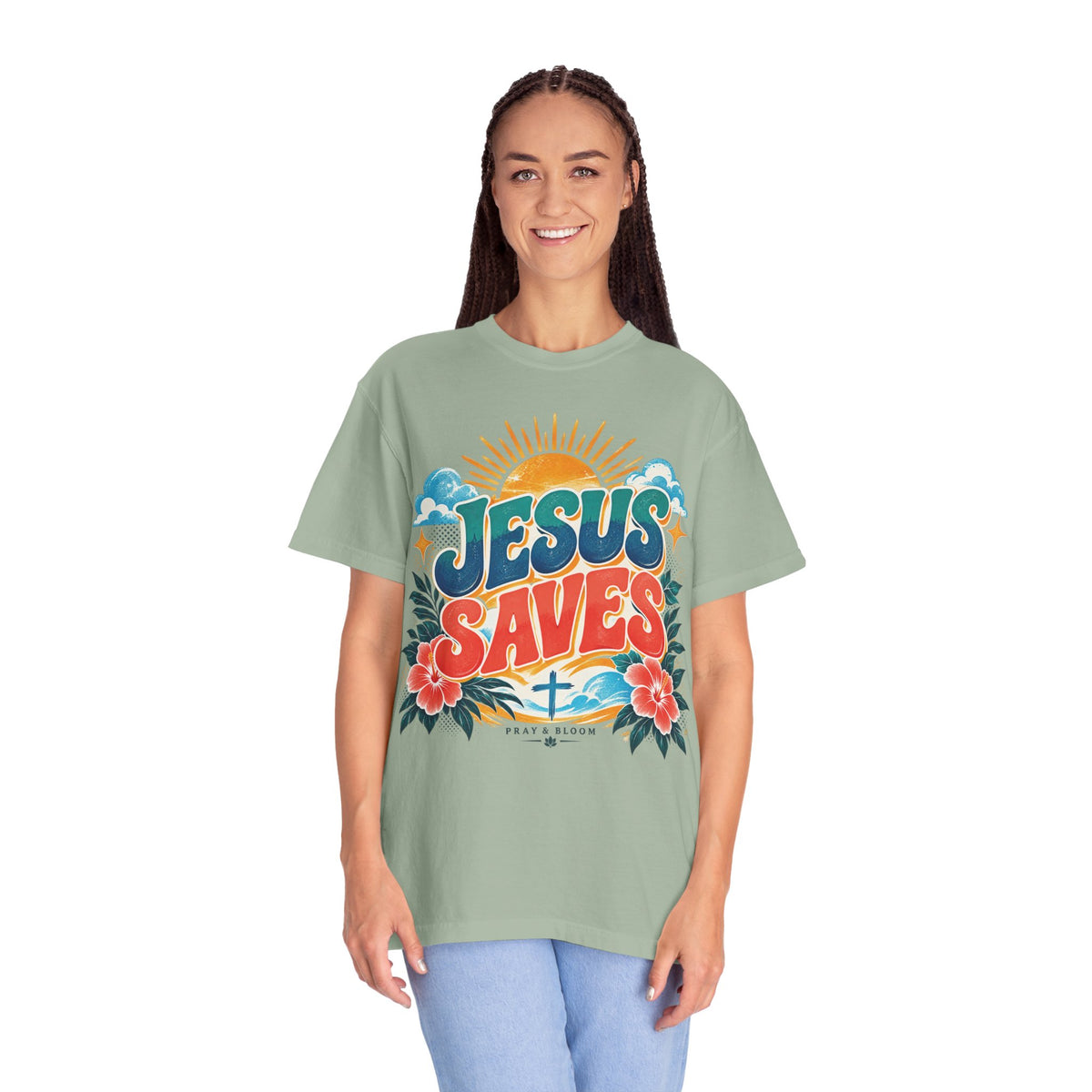 Jesus Saves Christian T-Shirt | Colorful Retro Faith Tee | Pray & Bloom