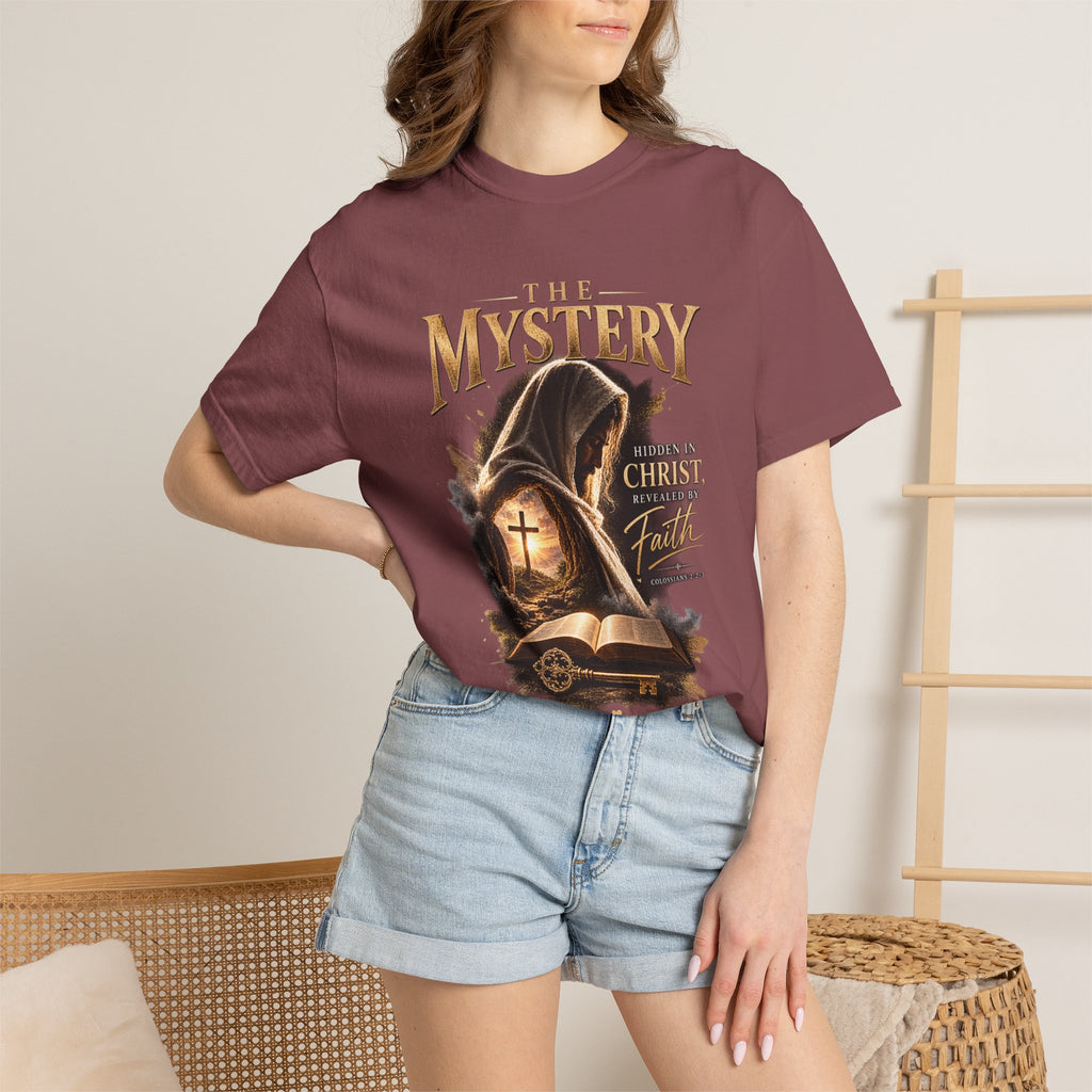 The Mystery - Hidden in Christ Revealed by Faith | Colossians 2:2-3 Christian T- Shirt | Pray & Bloom