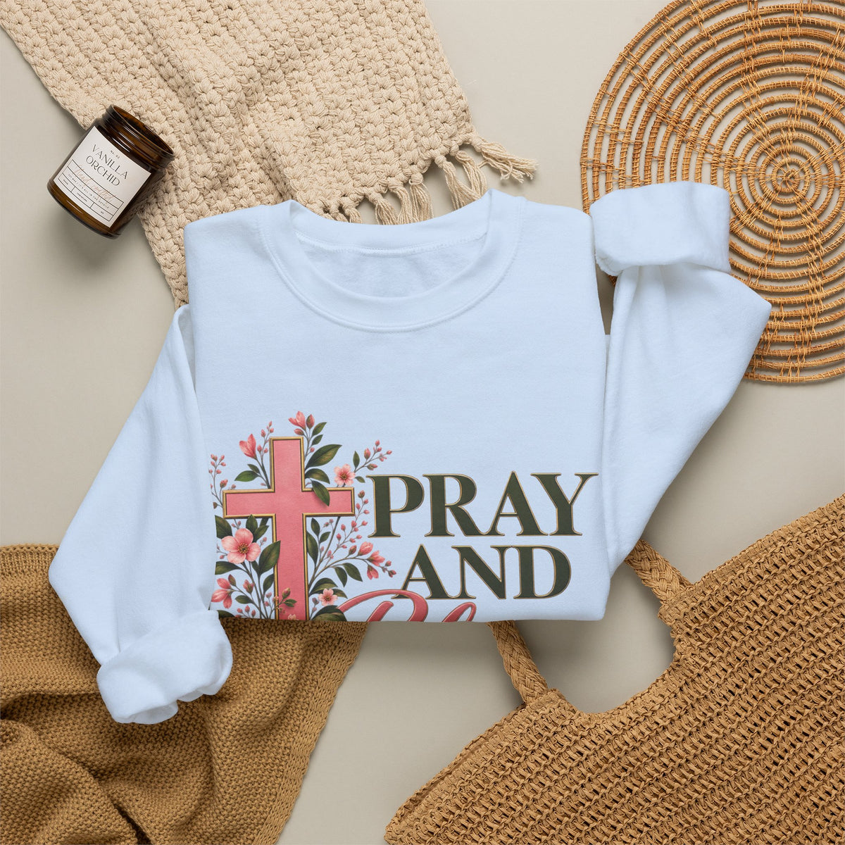 Pray & Bloom Christian Sweatshirt | Floral Cross Faith Crewneck | Growing Faith, Blooming Purpose