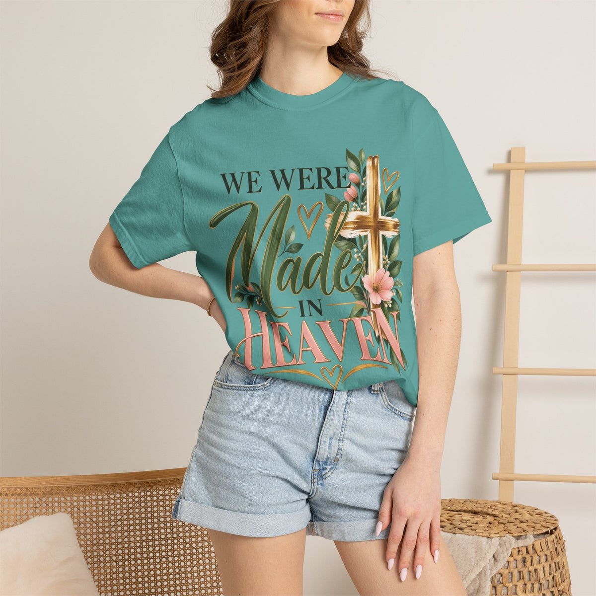 We Were Made in Heaven Christian T-Shirt | Faith-Based Cross & Floral Tee | Pray & Bloom