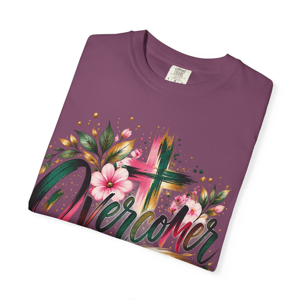 Overcomer Christian T-Shirt | Faith-Based Floral Cross Tee | Pray & Bloom