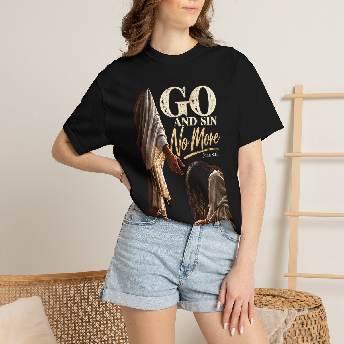 Go and Sin No More Christian T-Shirt | John 8:11 | Pray & Bloom