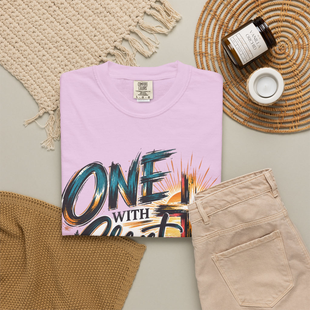 One With Christ Christian T-Shirt | Colorful Cross & Mountain Faith Tee | Pray & Bloom