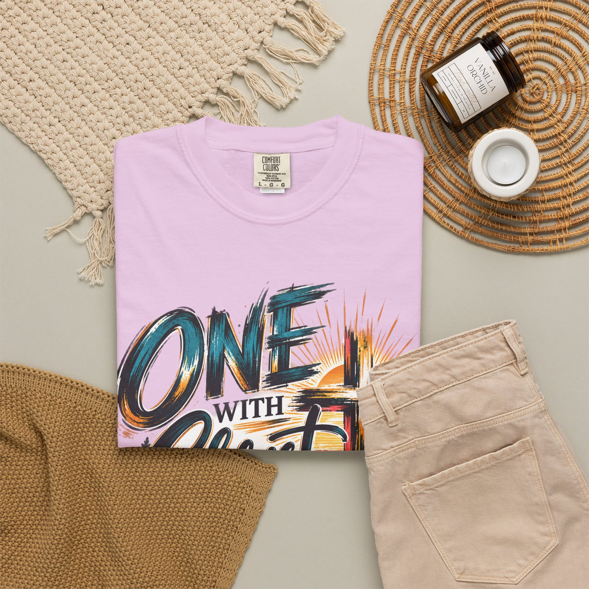 One With Christ Christian T-Shirt | Colorful Cross & Mountain Faith Tee | Pray & Bloom