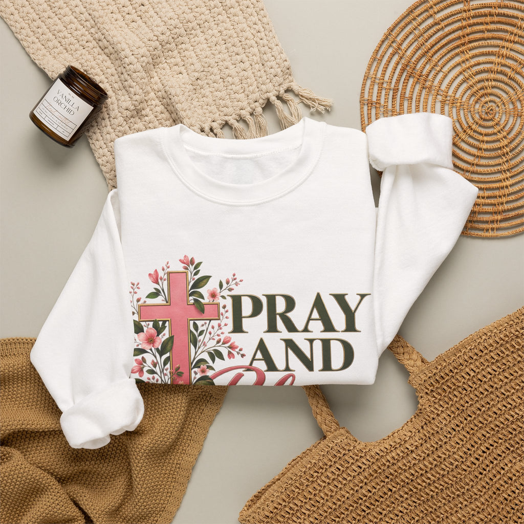 Pray & Bloom Christian Sweatshirt | Floral Cross Faith Crewneck | Growing Faith, Blooming Purpose