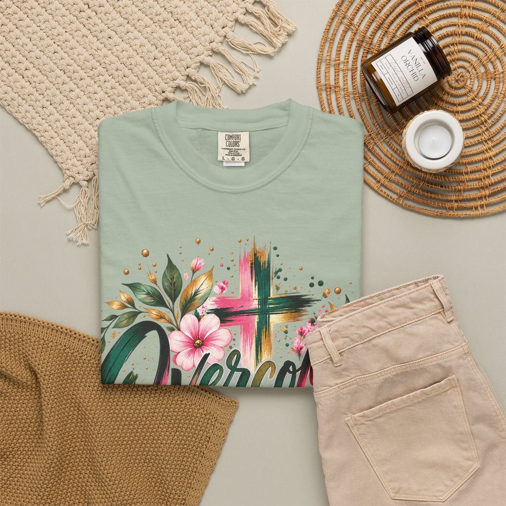 Overcomer Christian T-Shirt | Faith-Based Floral Cross Tee | Pray & Bloom