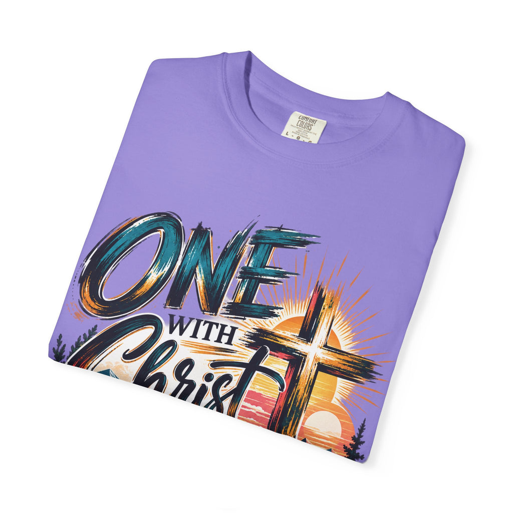 One With Christ Christian T-Shirt | Colorful Cross & Mountain Faith Tee | Pray & Bloom