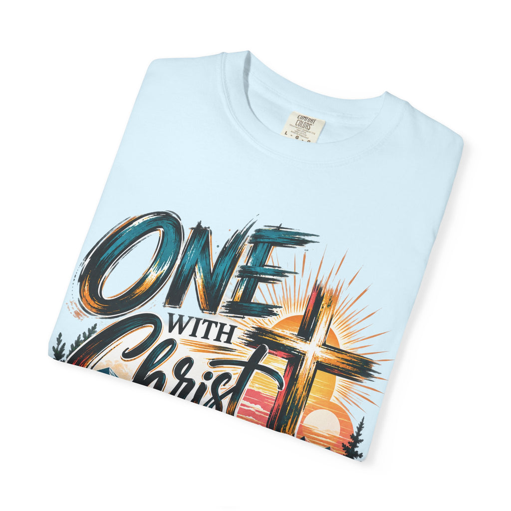 One With Christ Christian T-Shirt | Colorful Cross & Mountain Faith Tee | Pray & Bloom