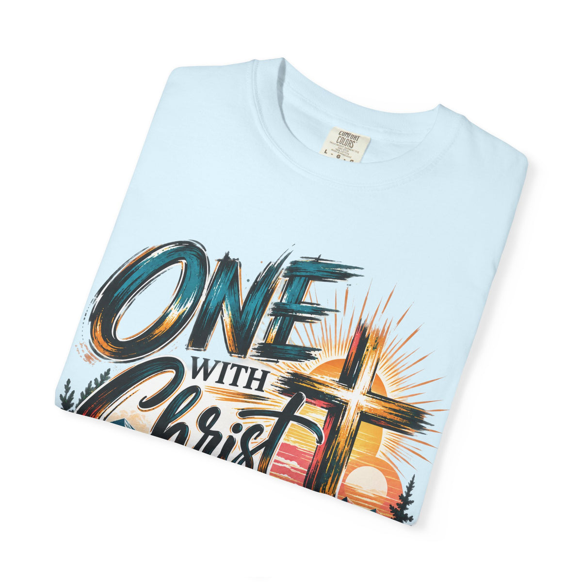 One With Christ Christian T-Shirt | Colorful Cross & Mountain Faith Tee | Pray & Bloom